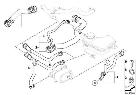 OEM cooling hose 17123450645 for BMW X3 E83 3.0D (PD01, PD02, PD51, PD52, PD61, PD62, PD91, PD92). Compatible with automatic and manual versions. Original BMW.