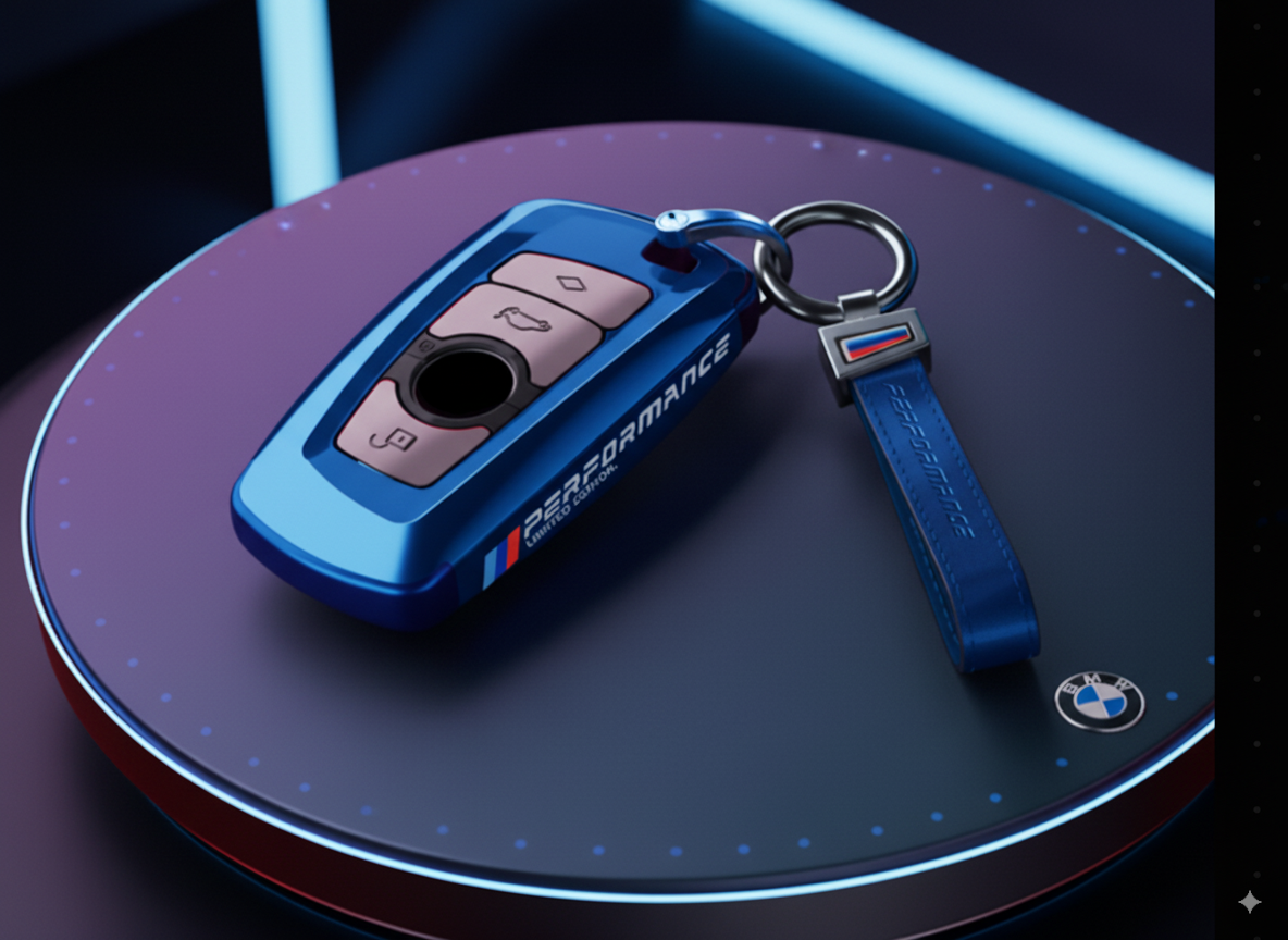 Funda de llave edición limitada ///Performance con llavero de piel para tu BMW.