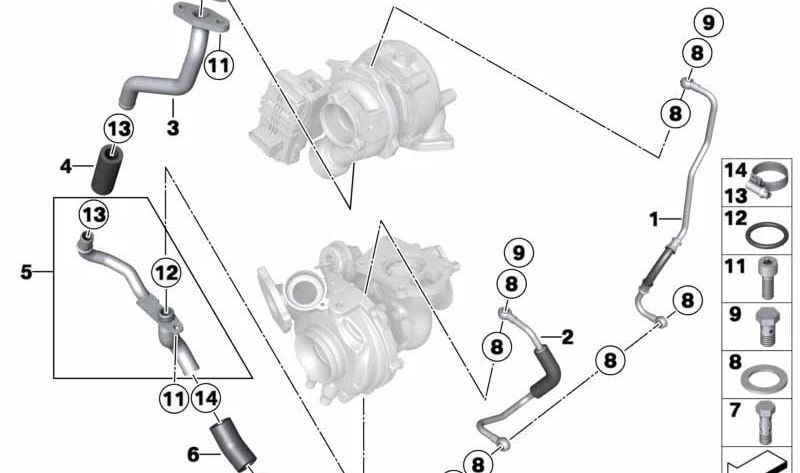 Tubería de retorno de aceite OEM 11657823285 para BMW F20, F21, F22, F30, F31, F34, F32, F33, F10, F11, E84, F15. Compatible con motores N47T. Original BMW.