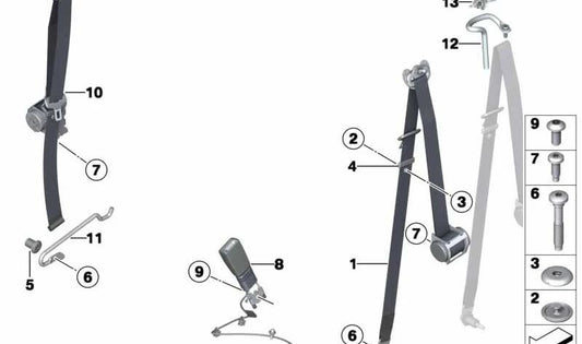 Front Left Seat Belt OEM 72117309421 for MINI R56, R56 LCI, Clubman R55, Clubman R55 LCI. Original MINI.