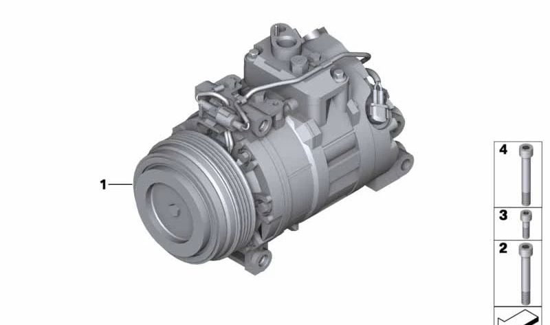 Compresor de aire acondicionado con embrague magnético OEM 64509154072 para BMW F07, F10, F11, F06, F12, F13, F01, F02, E70, F15, F85, E71, F16, F86. Original BMW.