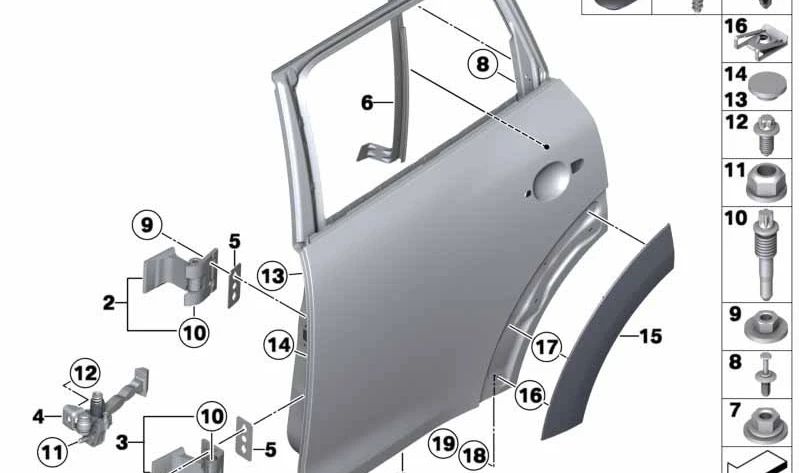 Bisagra puerta trasera inferior derecha OEM 41009805934 para MINI R60, R61. Original MINI.