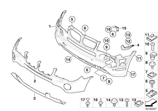 Revestimiento de parachoques delantero negro OEM 51113445874 para BMW X3 E83 LCI (02/2006 - 08/2010). Original BMW.