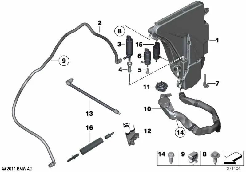 Depósito del líquido de limpieza OEM 61667269670 para BMW Serie 5 (F11, F11 LCI) 518d, 520d, 525d. Original BMW.