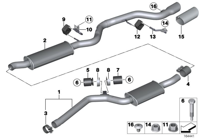 Soporte de escape trasero OEM 18307574951 para BMW E81, E82, E87, E88. Pieza original BMW.