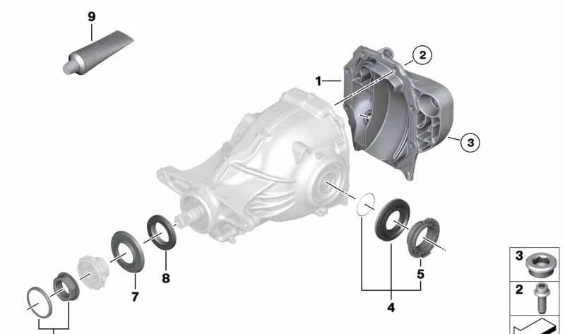 Tapa trasera del diferencial OEM 33118638081 para BMW G30, G31, G32, G11, G12, G16. Compatible con versiones 540i y 540i xDrive. Recambio original BMW.