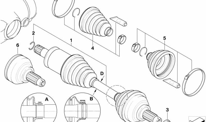 Esterno generale (soffietto di trasmissione) OEM 31607507402 per BMW E46 ed E53 (modelli 325i XDRive con cambiamento manuale e automatico). BMW originale.