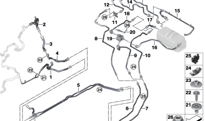 Tubo de refrigerante inferior OEM 17129885537 para BMW G70 (7 Series). Conducción de ida y retorno del sistema de refrigeración. Original BMW.
