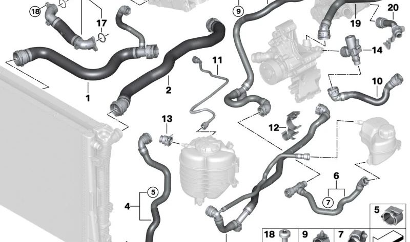 Manguera del radiador OEM 17125A44477 para BMW Serie 2 G42, Serie 3 G20, G20N, G21, G21N, G28, G28N y Serie 4 G22, G23, G26. Original BMW.
