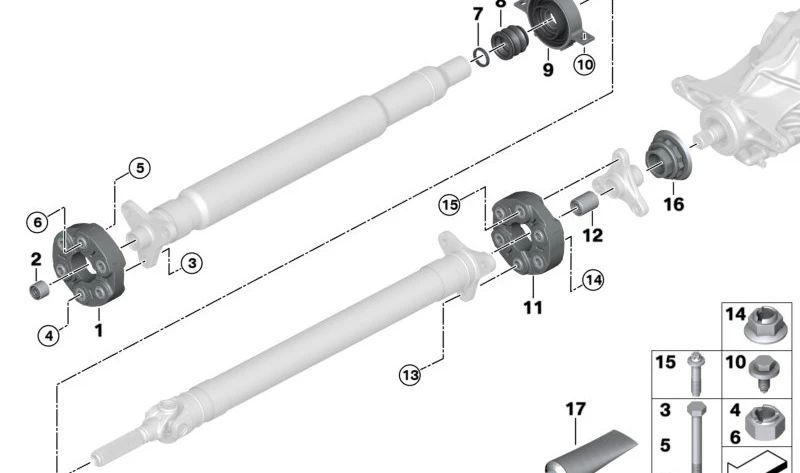 Soporte central de transmisión en aluminio OEM 26118488058 para BMW G20 (330d con motor B57) con tracción trasera. Compatible con modelos producidos entre 2019 y 2027. Recambio original BMW.