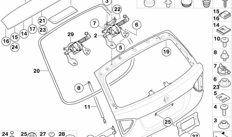 Bisagra de tapa de portamaletas izquierda OEM 41627054049 para BMW Serie 3 E91, E91 LCI. Original BMW.