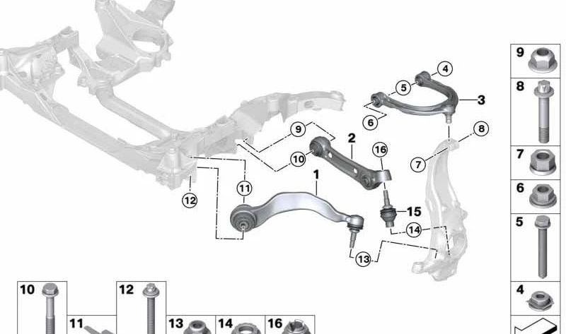 Braccio di sospensione anteriore destro con supporto in gomma OEM 31107992596 per BMW G16 (serie Gran Coupé). BMW originale.
