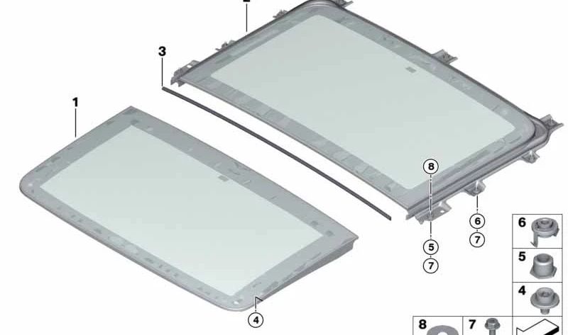 Tapa de cristal delantera del techo panorámico OEM 54107474465 para BMW Serie 5 G31 (todos los modelos compatibles). Original BMW.