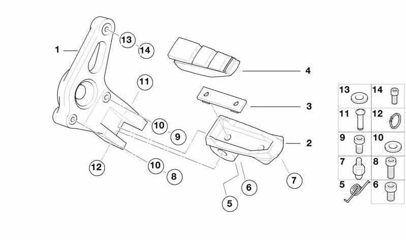 Right footrest OEM 46717669752 for BMW R850R, R1150R, Rockster motorcycles. Original BMW Motorrad.