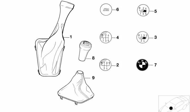 Pomo de cambio de cuero con embellecedor 5 velocidades OEM 25112225873 para BMW E30. Original BMW.