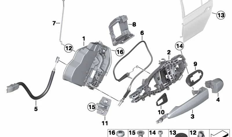 Rear Interior Door Handle Bowden Cable for BMW 3 Series F30, F31, F35, F80 (OEM 51227259837). Original BMW.