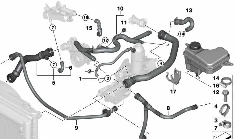 Manguera de refrigerante OEM 17127791614 para BMW E60, E60N, E61, E61N. Original BMW.
