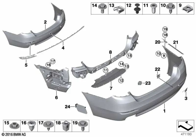 Revestimiento de parachoques trasero imprimado OEM 51127332774 para BMW Serie 5 F10 LCI (535d, 535i, 528i, 550i, ActiveHybrid 5) y más. Original BMW.