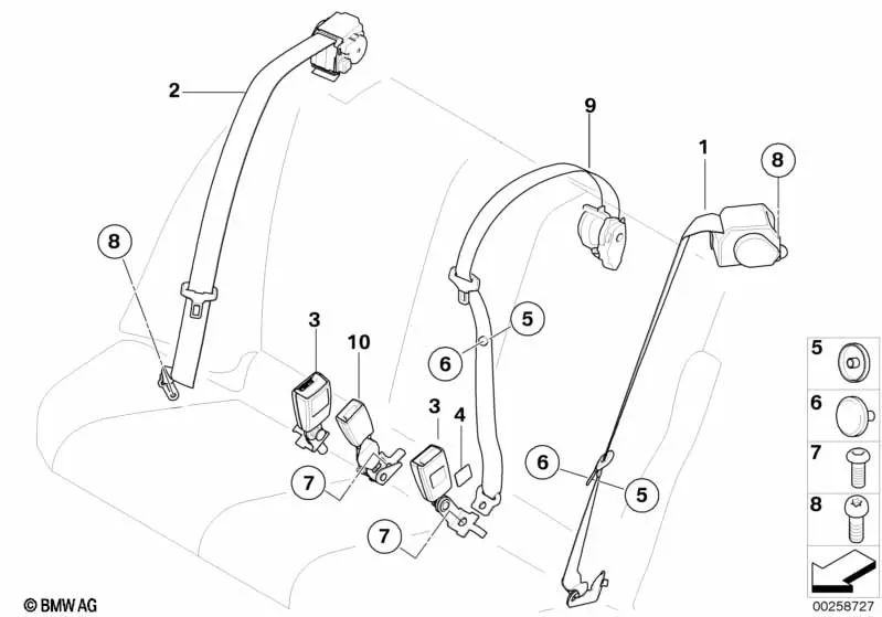 Cinturón de seguridad trasero izquierdo OEM 72119120491 para BMW X6 E71, X6 E72 Hybrid. Original BMW.