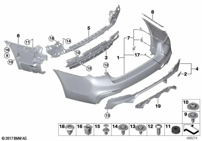 Carcasa parachoques trasero imprimada para BMW F90, G30 (OEM 51128073725). Original BMW
