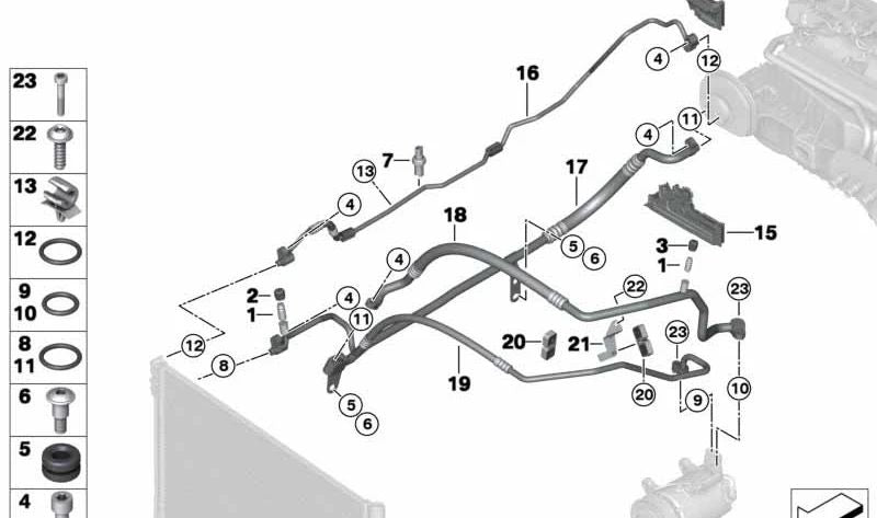 Soporte OEM 64539321047 para BMW F10 y F11 (modelos 518d, 520d, 520d xDrive). Componente de líneas de aire acondicionado. Original BMW.
