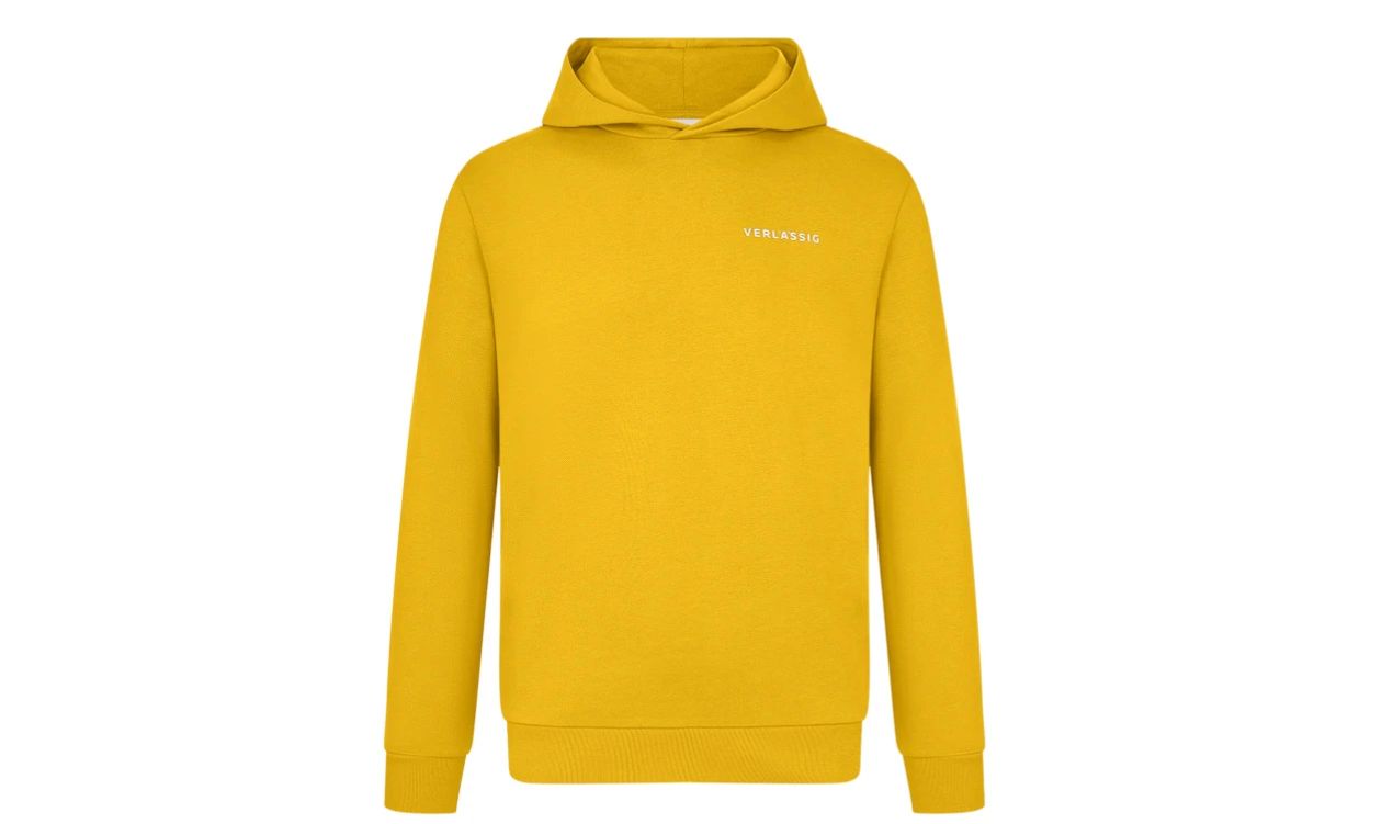 Sudadera con capucha BMW "Verlässig" unisex en algodón orgánico amarillo, talla S. Con logo grande BMW y texto en la espalda. OEM 80145B4C7E9. Para fans de BMW. Original BMW.