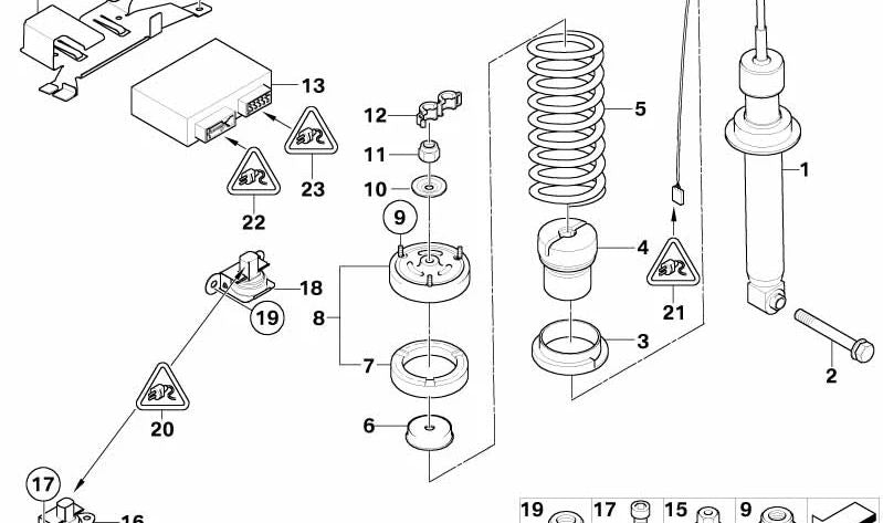 Amortiguador trasero OEM 33522283992 para BMW E63 M6 con suspensión EDC. Original BMW.