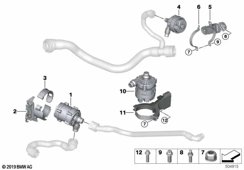 Soporte bomba de líquido refrigerante eléctrico OEM 17118632136 para BMW Serie 5 F90, G30, G31, Serie 6 G32, Serie 7 G11, Serie 8 G14, G15... y más. Original BMW.