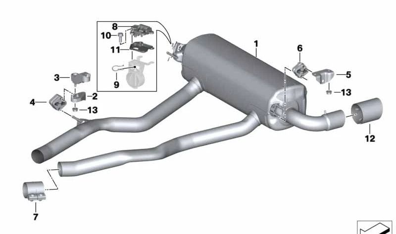 Silencioso trasero con válvula de escape OEM 18309895675 para BMW F30, F31, F32, F33, F36, F80, F82. Original BMW.