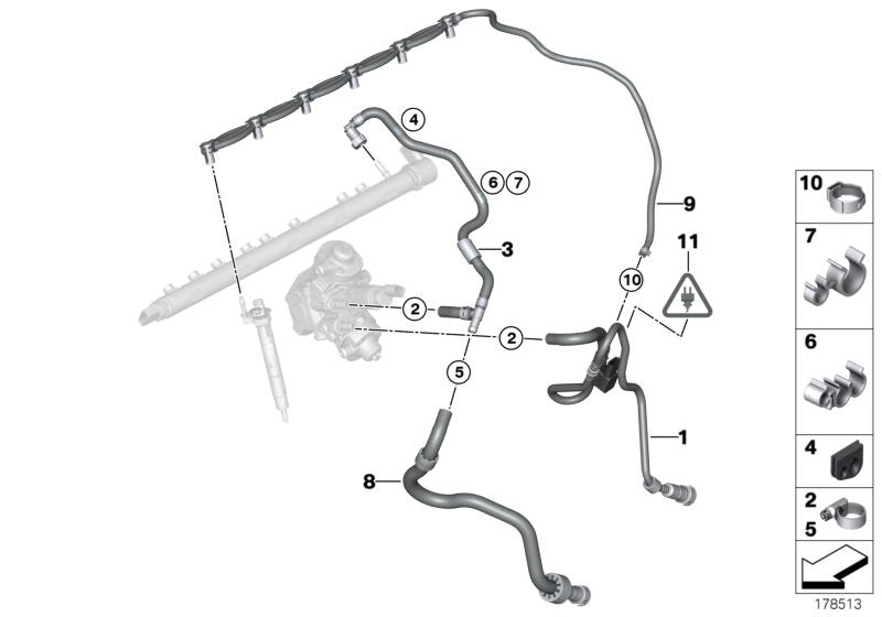 Tubo de retorno de combustible OEM 13537823398 para BMW X3 F25 xDrive30d/xDrive35d y X4 F26 xDrive30d/xDrive35d. Compatible con motores N57T y N57Z. Original BMW.