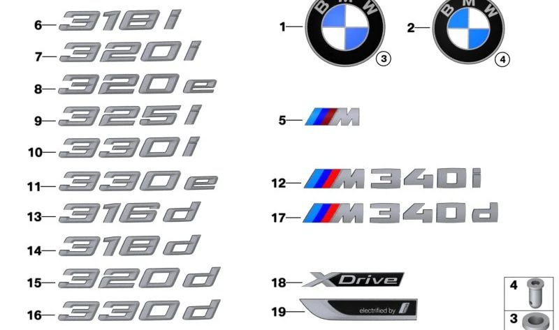 Emblema "Schriftzug" OEM 51145A4ACB4 para BMW G20. Original BMW.