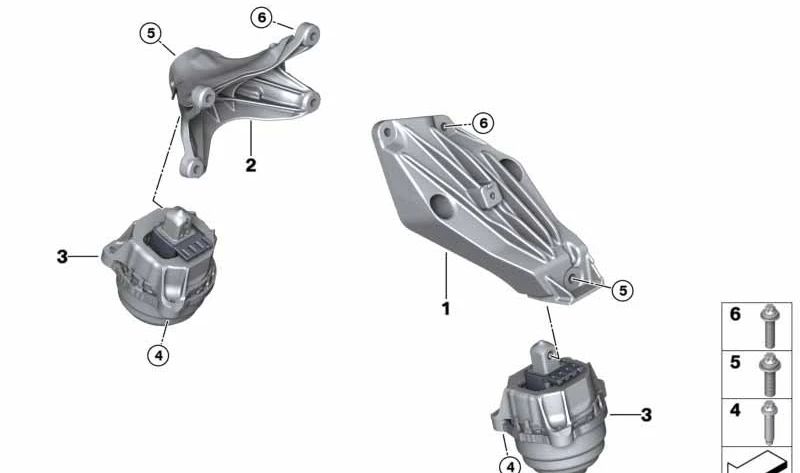 Soporte motor derecho OEM 22116860458 para BMW G20, G21, G26, G30, G31, G11, G12, F90, F91, F92, F93, G14, G15, G16, F97, F98, G05, G06, G07, G09. Original BMW.