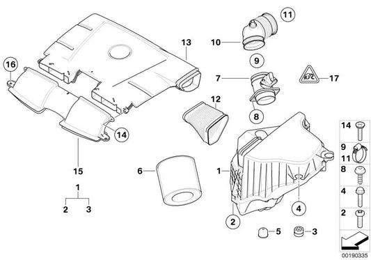 Tornillo OEM 13717543160 para BMW E81, E82, E87, E88, E90, E91, E92, E93, E84. Compatible con varios motores. Pieza original BMW para fijación en sistemas de admisión y filtro de aire.