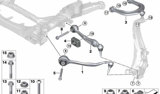 Right front suspension arm with Silentblock OEM 31106889154 for BMW X5 G05, G05N and X6 G06, G06N. Original BMW spare.
