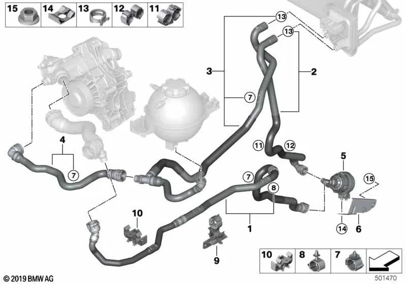 Manguera de líquido refrigerante retorno 2 OEM 64219503838 para BMW X3 M F97, X4 M F98, X3 M F97 LCI, X4 M F98 LCI. Original BMW.