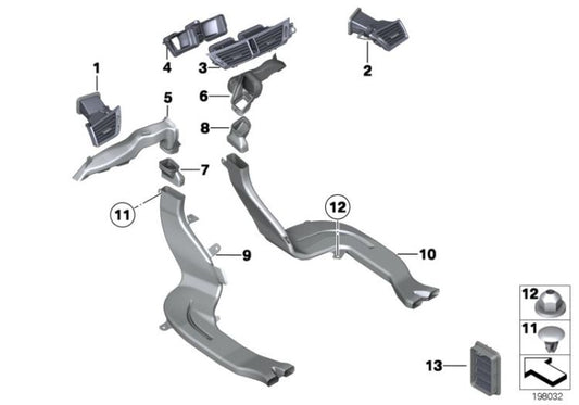 Griglia centrale di aria fresca OEM 64222991235 per BMW X1 E84 sDrive18d, sDrive20d, sDrive23d. BMW originale.