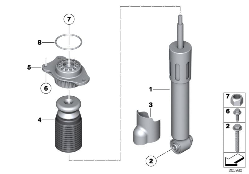 Amortiguador trasero OEM 33526797771 para BMW F11 (518d, 520d). Compatible solo con versiones de tracción trasera. Original BMW.