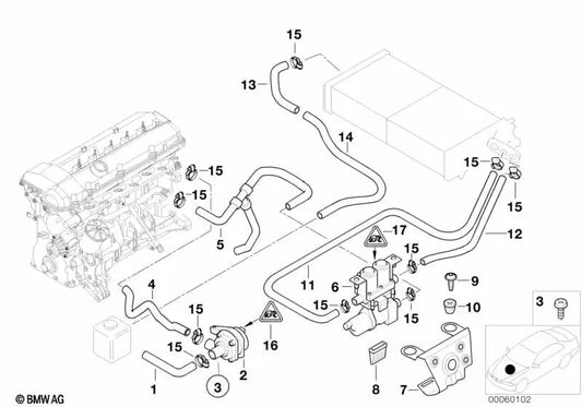 Tuyau d'admission moteur et vanne d'eau OEM 64218376868 pour BMW Série 7 E38 728i avec moteur M52. Véritable BMW.