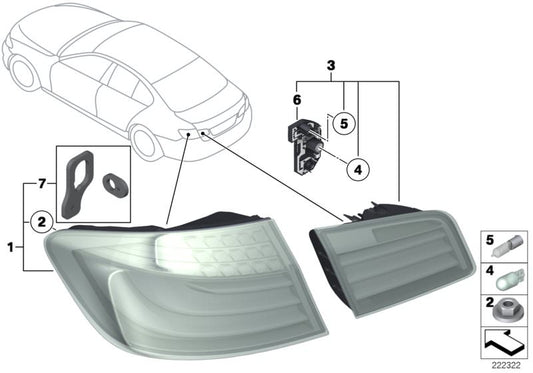 Piloto trasero izquierdo OEM 63217306161 para BMW F10 {518d, 520d, todos los modelos compatibles}. Montado en lateral de la aleta trasera. Original BMW.