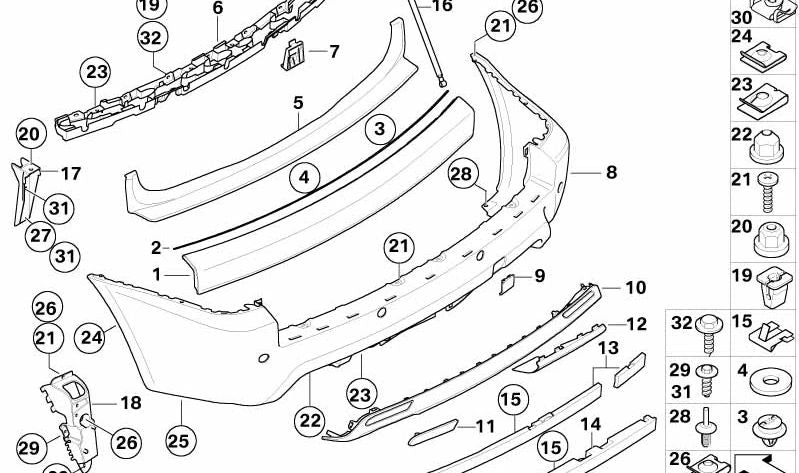 Soporte trasero paragolpes OEM 51123414412 para BMW X3 E83 y E83N. Compatible con paquete aerodinámico M. Pieza original BMW.