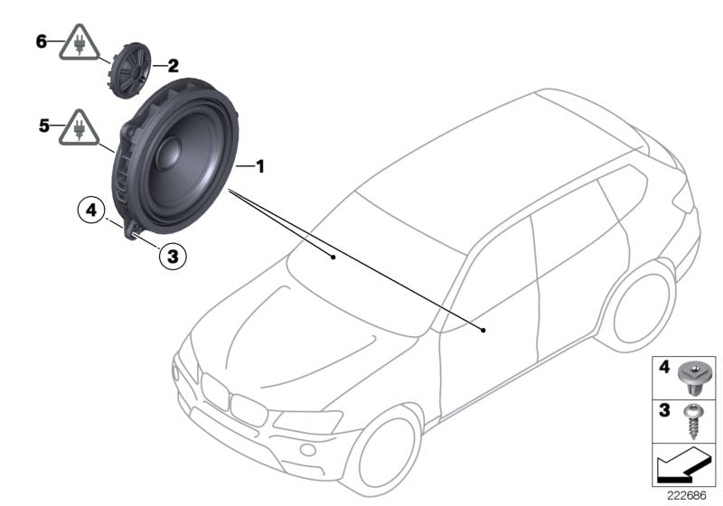 Altavoz central HiFi OEM 65139240642 para BMW F25 y F26. Compatible con modelos X3 sDrive18d, sDrive20i (2012-2017). Repuesto original BMW.