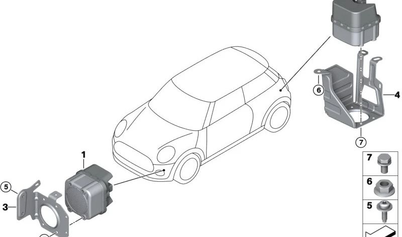 Soporte generador de sonido virtual (VSG) OEM 65158705805 delantero para MINI F56 BEV, F56 BEV LCI, Cabrio F57 BEV. Original MINI.