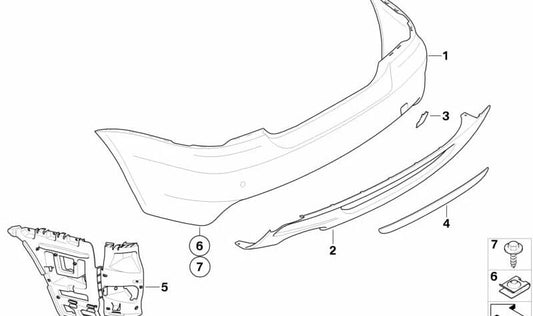 OM 51127892599 Heckstoßstange für BMW E82 und E88. Kompatibel mit 118D-, 120D- und 120i -Rückenrad -Antriebsmodellen. Original BMW.