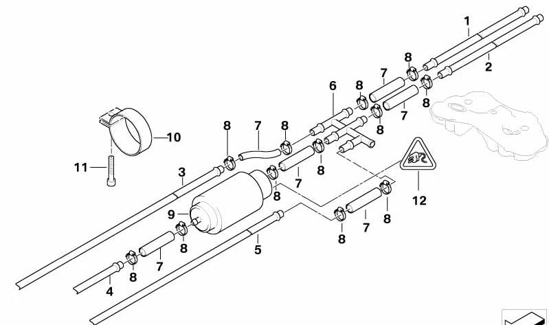 Tubería retorno combustible trasera OEM 16121184995 para BMW Serie 7 E38 730d. Compatible con motor M57, cambio automático, propulsión trasera (1998-2001). Recambio original BMW.