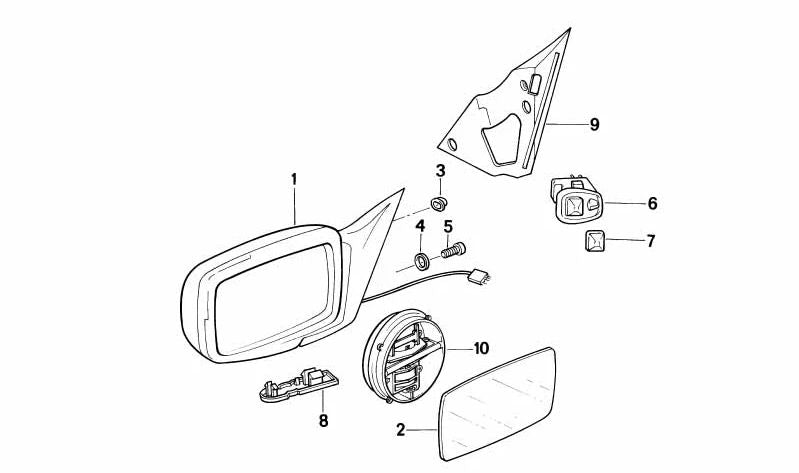 Retrovisor exterior izquierdo eléctrico y calefactable OEM 51161964147 para BMW E32 730i, 730iL, 740i, 740iL. Compatible con versiones manuales y automáticas. Original BMW.