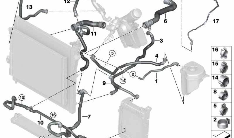 Soporte metálico OEM 17128576991 para BMW F15 y F16. Pieza del sistema de refrigeración. Original BMW.