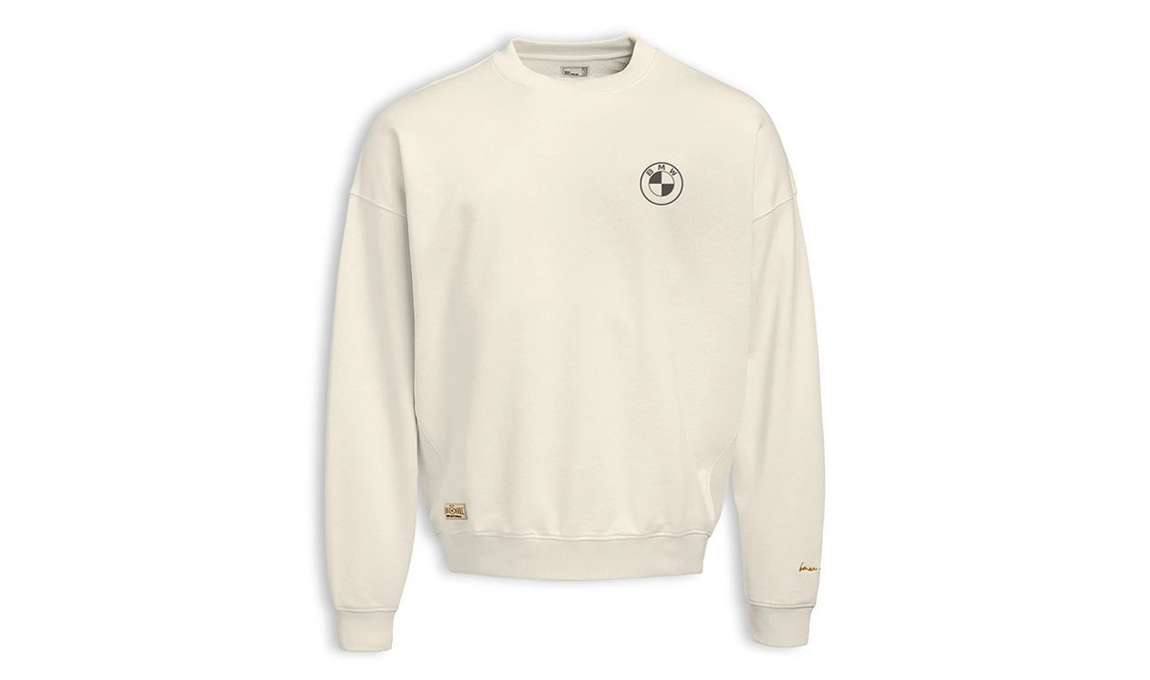 Sudadera BMW Motorrad Boxer blanca para hombre, OEM 76615B3E309. Con logo BMW en el pecho y texto "BMW Motorrad Boxer" en la espalda. Original BMW Motorrad. Tallas S a 3XL. Material 100% algodón.