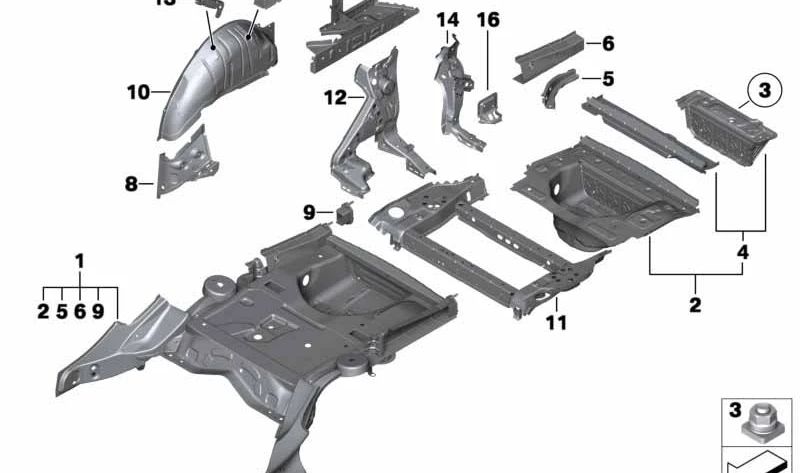 Refuerzo larguero izquierdo OEM 41127245547 para BMW F07, F07N, F11, F11N. Pieza estructural trasera original BMW.