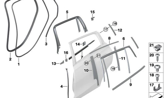 Junta interior de puerta trasera derecha OEM 51357437784 para BMW G06, G06N, F96, F96N. Original BMW.