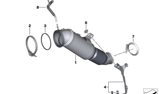 Near-engine catalyst support OEM 18329468575 for BMW G42, G20, G21, G22, G23, G26, G30, G31, G32, G01, G02, G18, G29. Genuine BMW.